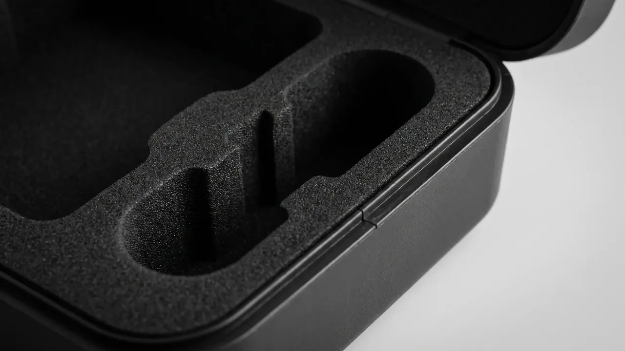 Transport and Storage Container: close-up of black die-cut foam with two long rounded cavities beside the lid rim and seal groove