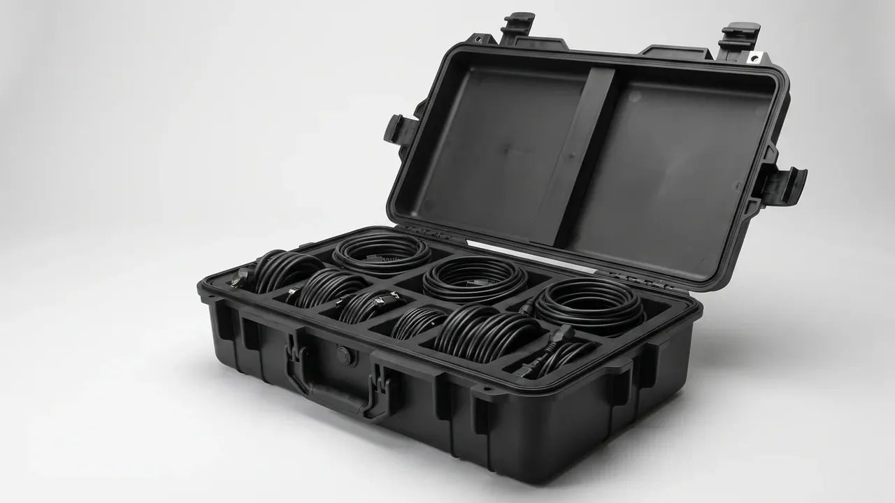 Transport and Storage Container: open black case, smooth lid with one cross rib, coiled cable bundles in six compartments