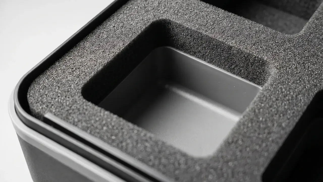 Transport and Storage Container: square cavity cut in dense black foam, grey moulded wall at its base, seal groove along the rim