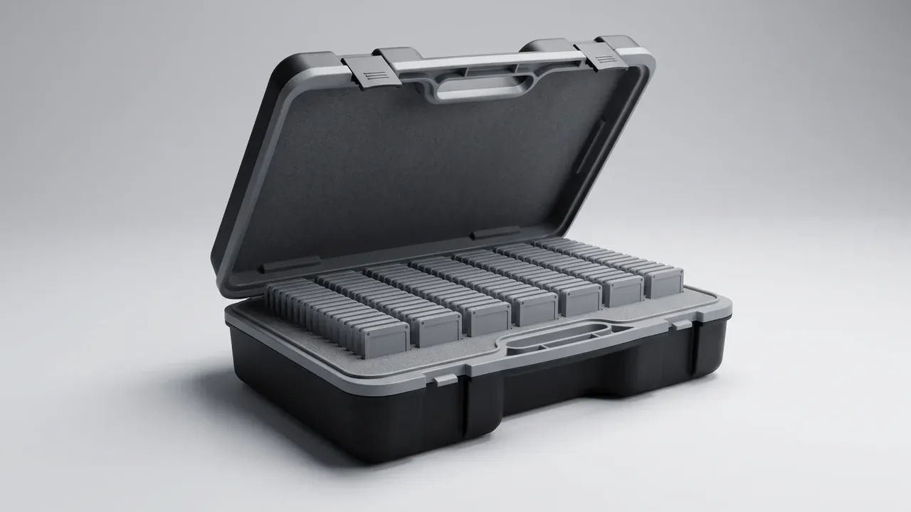 Transport and Storage Container: black base and grey lid open, rows of small grey boxes set in a grey foam frame, dark grey lid lining