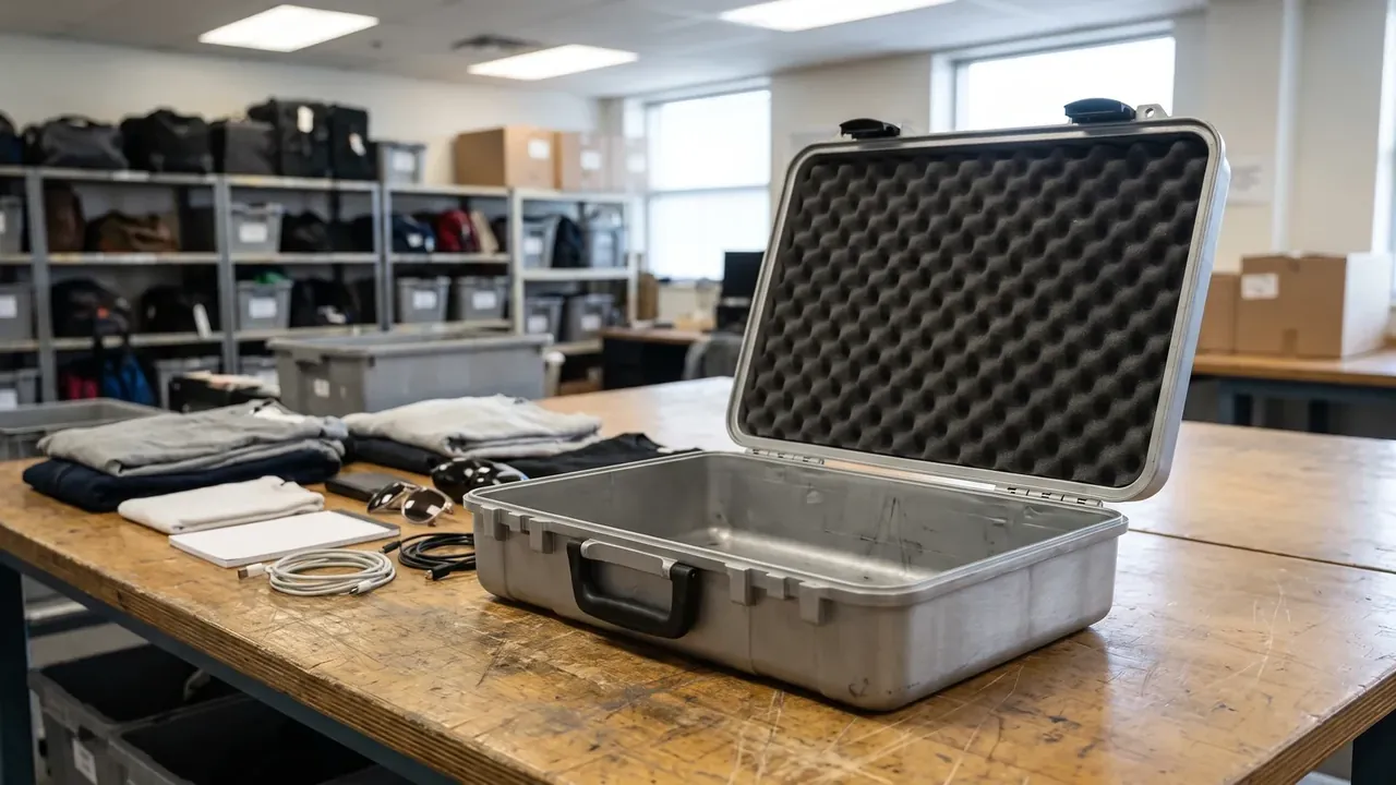 Travel Case Production: a silver hard case open on a wooden bench, black egg-crate foam across the lid, folded clothes and cables beside it