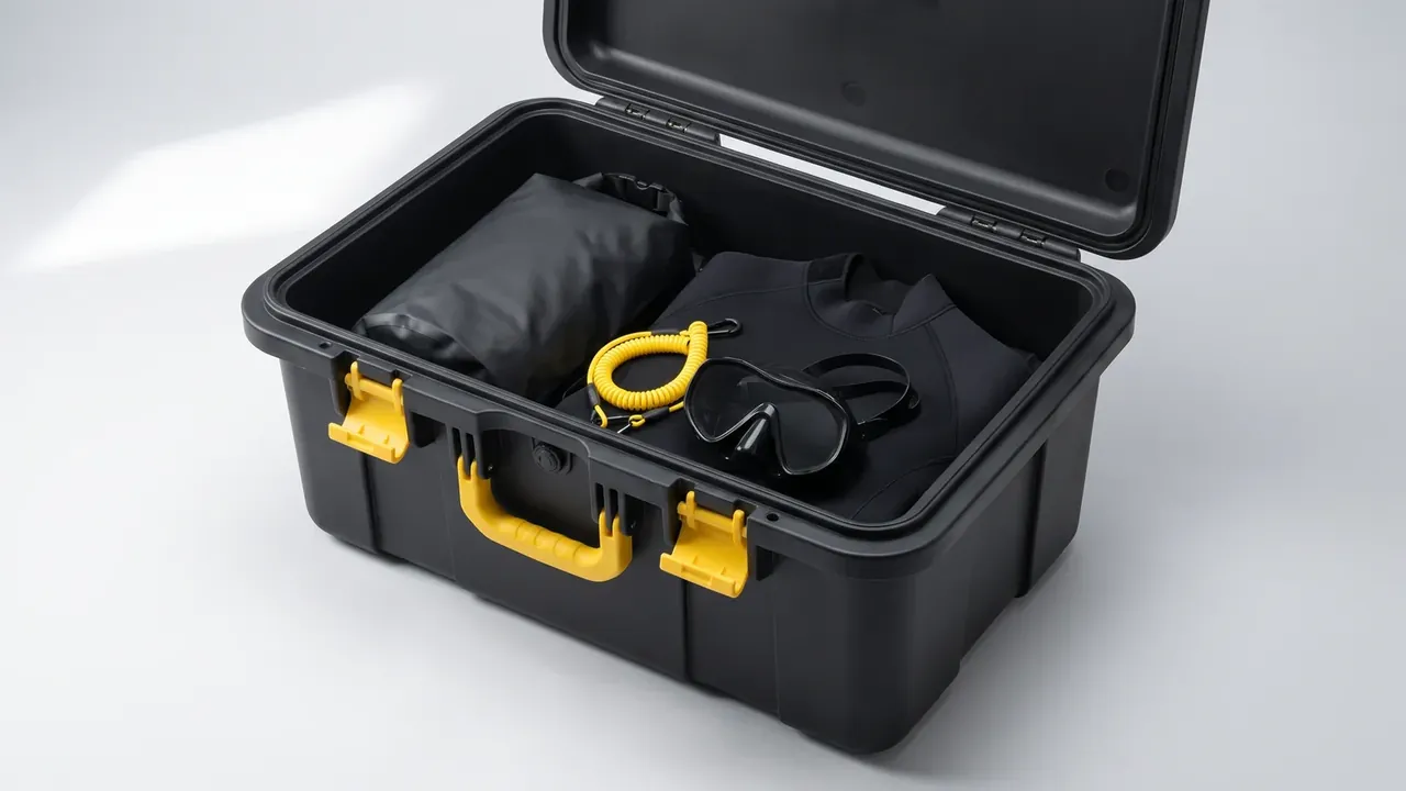 Work Cases: black case open with yellow latches, a dry bag, a dark top, a coiled lanyard and a dive mask inside, white background
