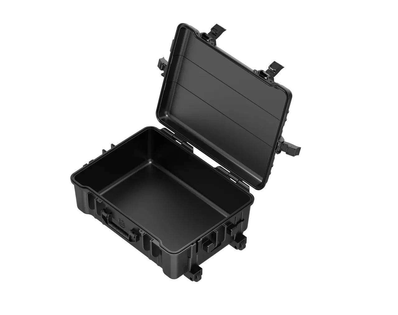 Black case open to about a hundred degrees, two ribs across the inside of the lid, empty interior and latches released