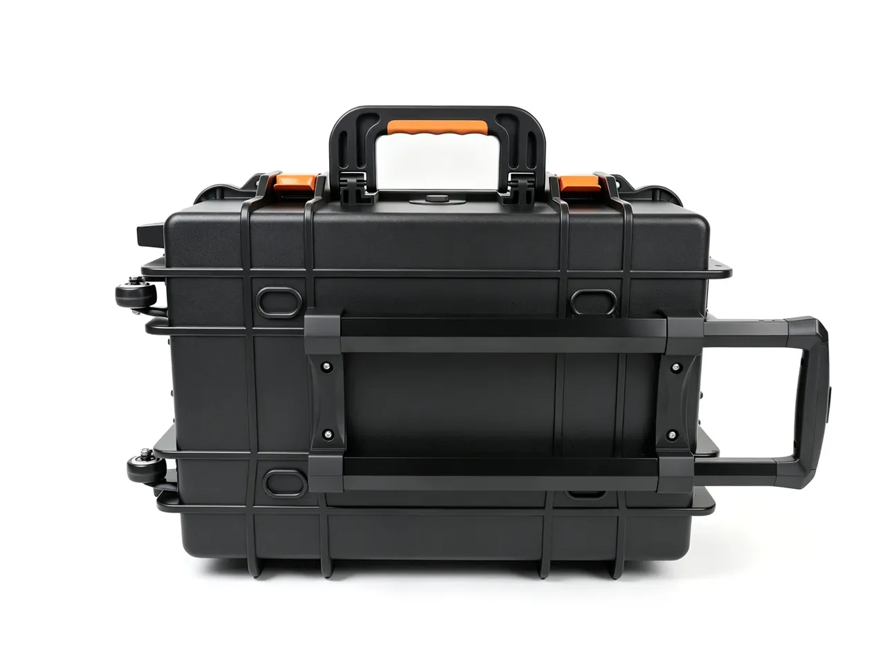 Side view: top handle with an orange grip, two orange lid latches, a folding side handle and two small wheels
