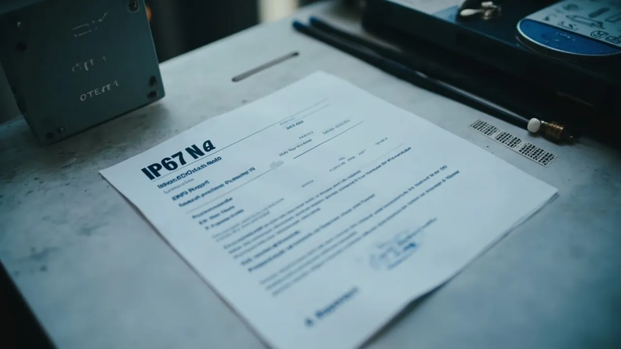 IP67 test report beside a certified marked enclosure
