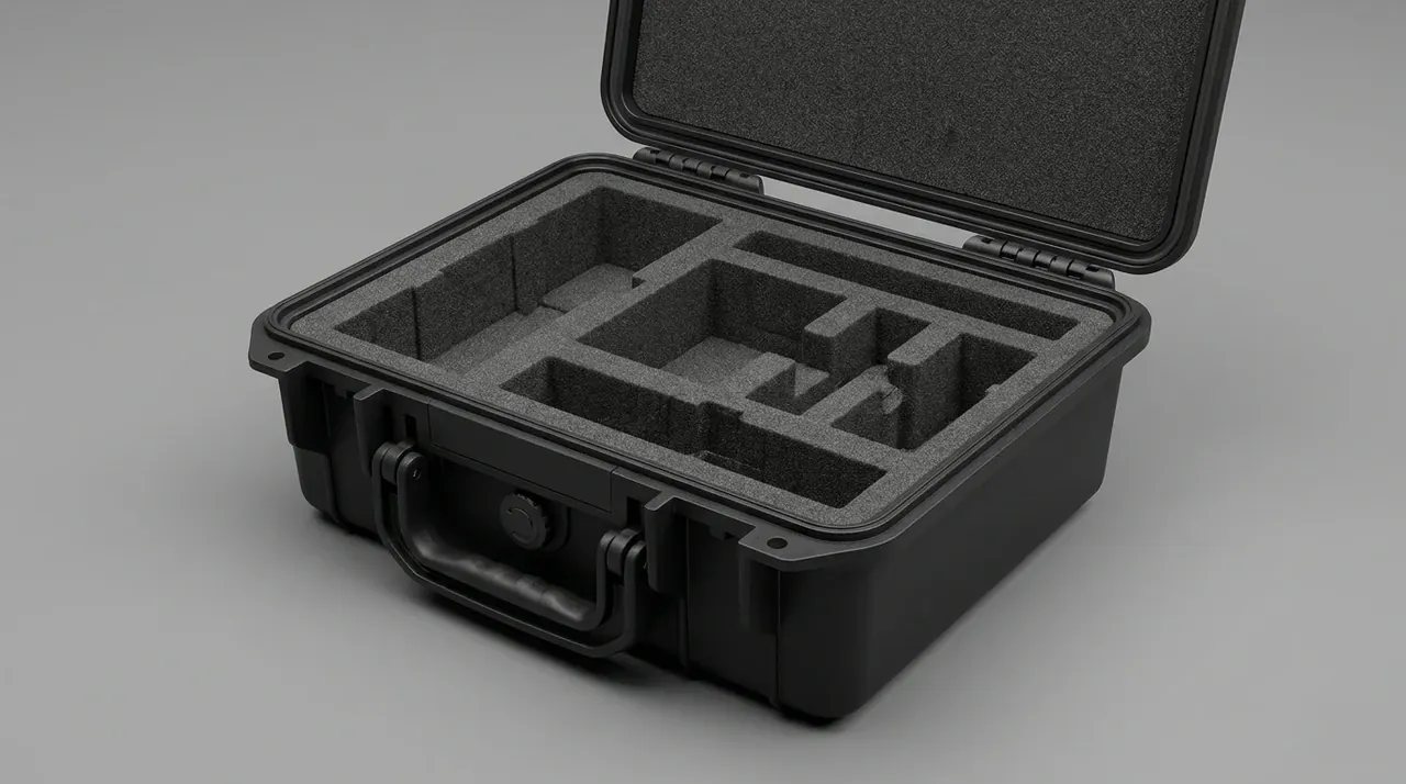 Vibration Testing view of an open black case, grey foam grid in the base, raised lid, pressure valve and folding handle in front