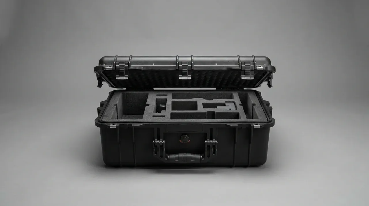 Vibration Testing reference photo of a black case open face-on, egg-crate lid foam, pressure valve with an orange ring, one latch on each side