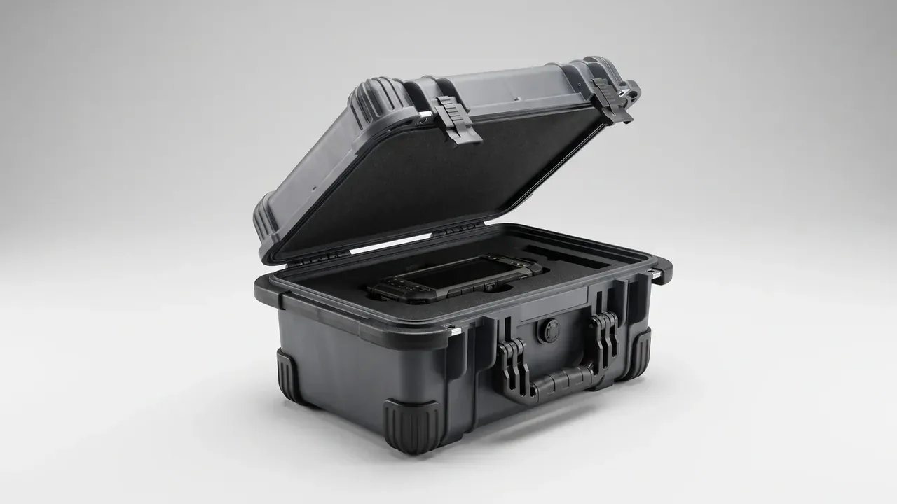 Black case half open, foam-lined lid and a cut-out cradling a black device