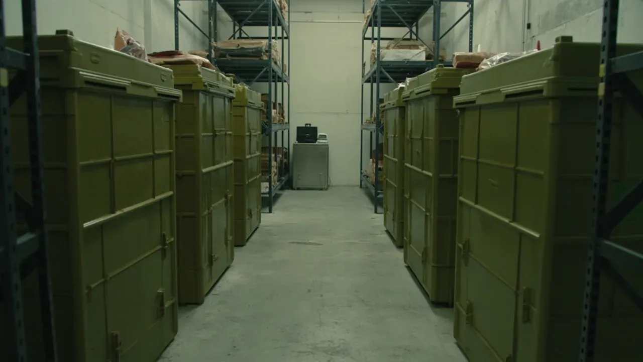 Olive cases lining a store aisle, cartons on the racks above