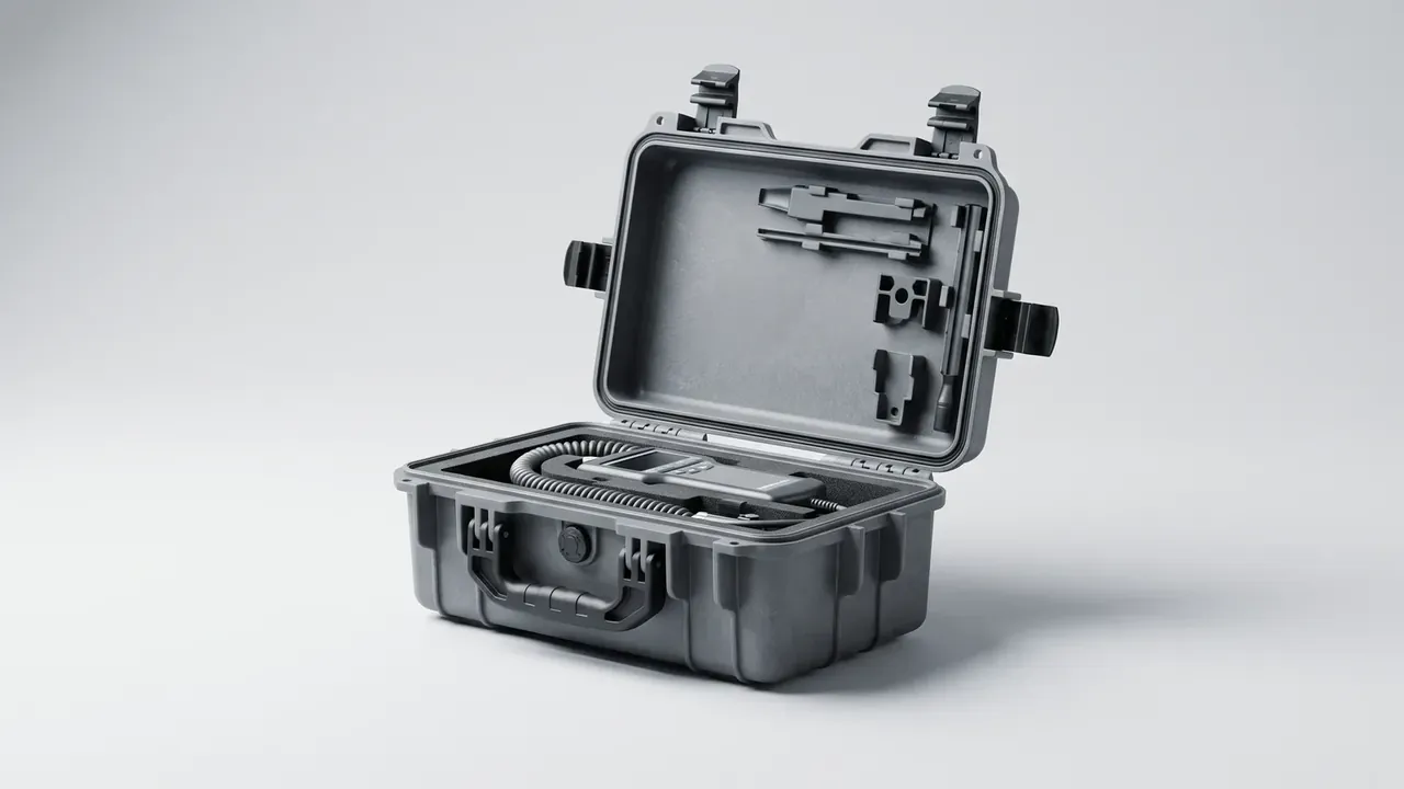 Grey case open: moulded clips in the lid, coiled hose in the base cut-out