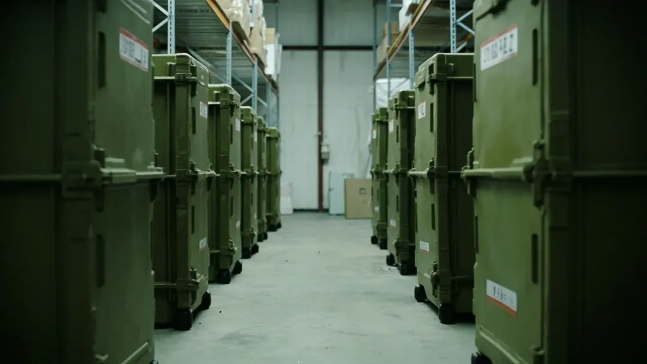 Two rows of olive long cases upright in a store, aisle between them