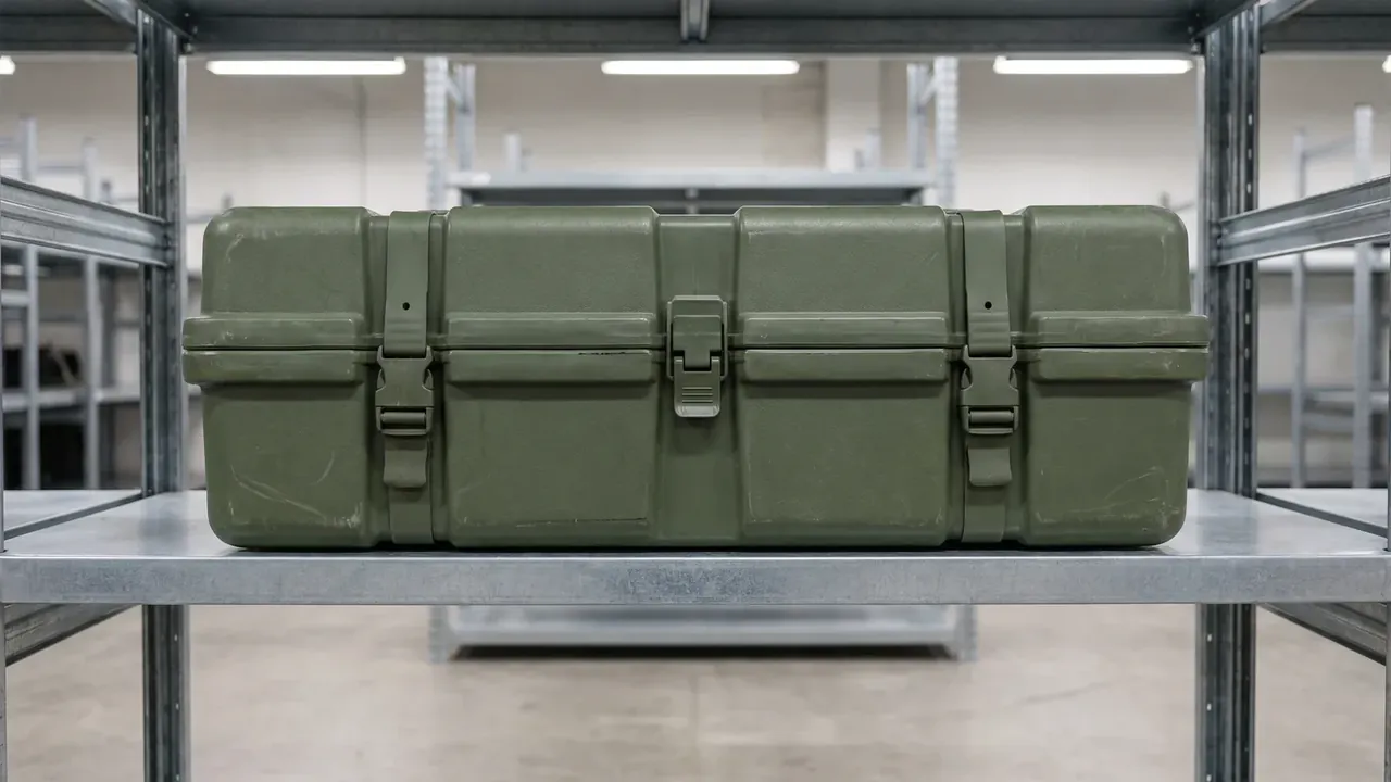 Olive case centred on a galvanised shelf, three strap latches and a label recess
