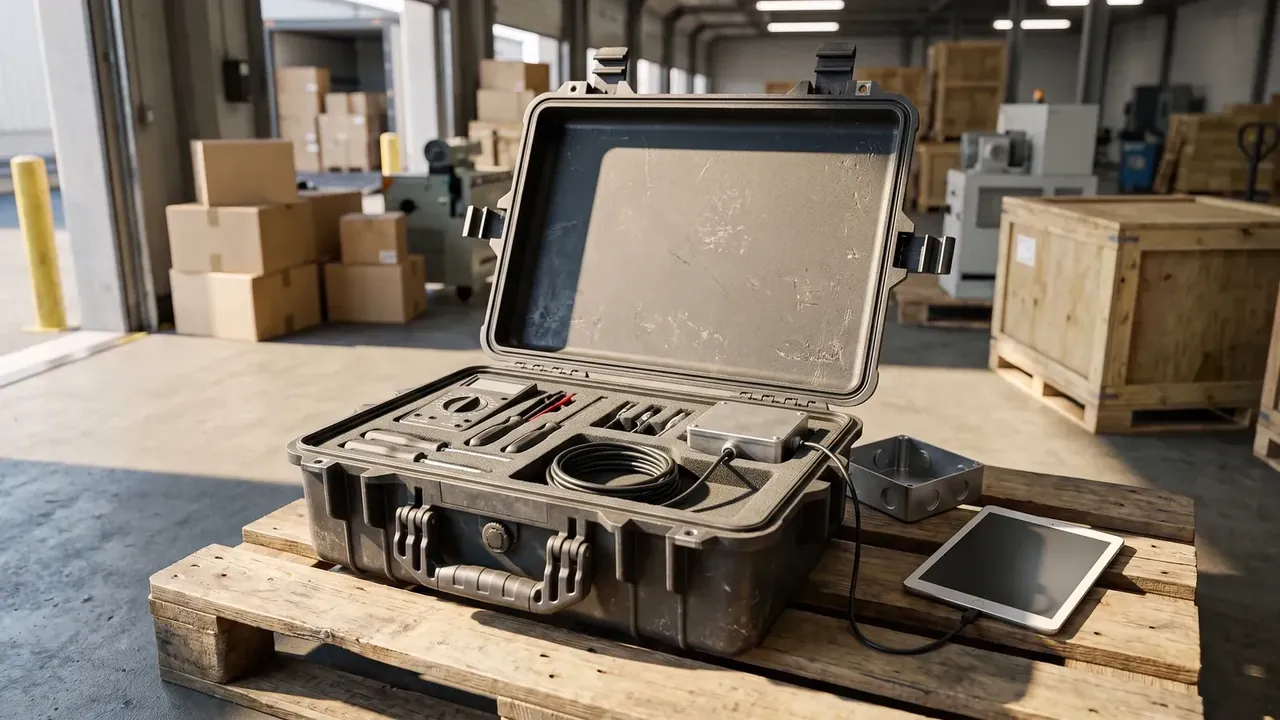 Waterproof box fan: a grey-black case open on a timber pallet, grey foam trays holding a wrench, coiled cable and a metal box, cartons behind