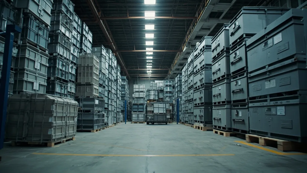 Rows of grey waterproof enclosures in a warehouse