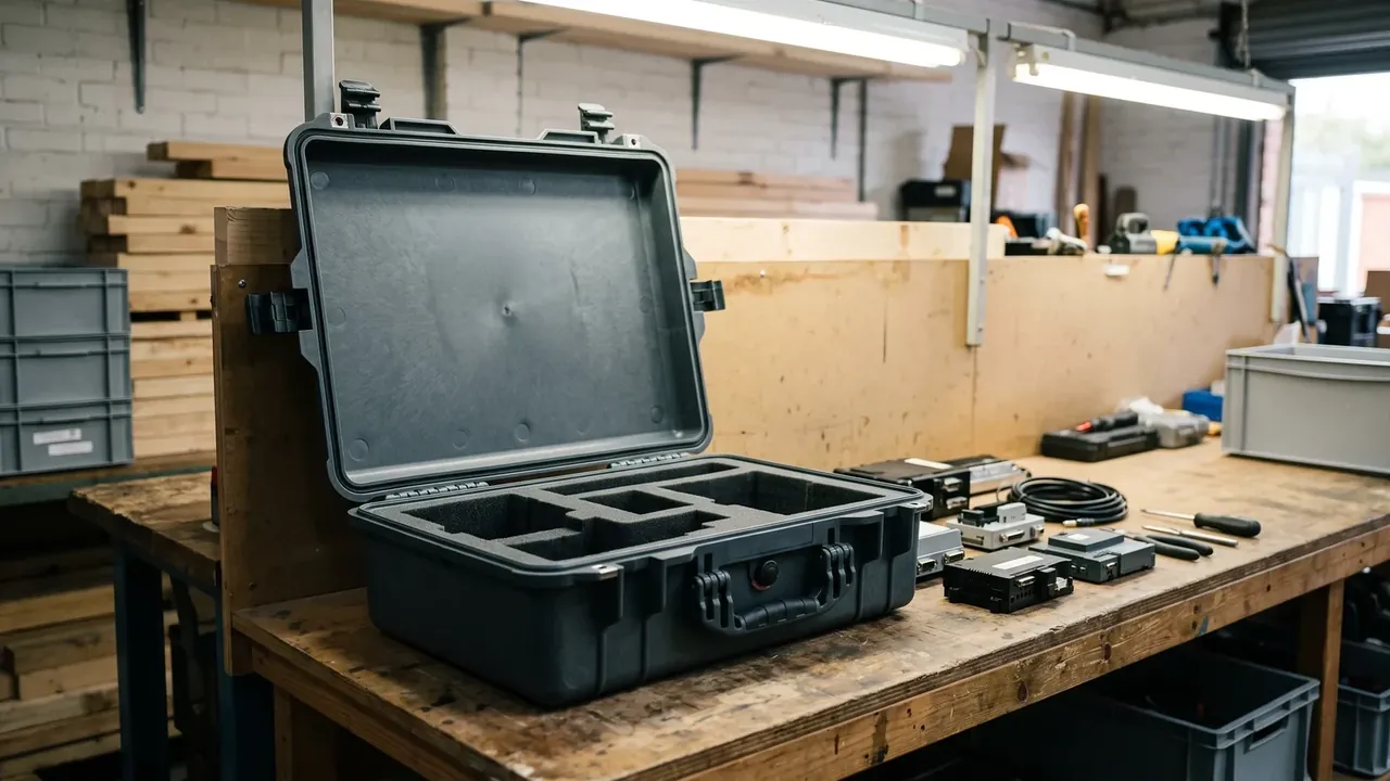 Waterproof box nearby: dark grey case open on a wooden bench, foam split into four bays, cables, modules and screwdrivers scattered around, brick wall behind
