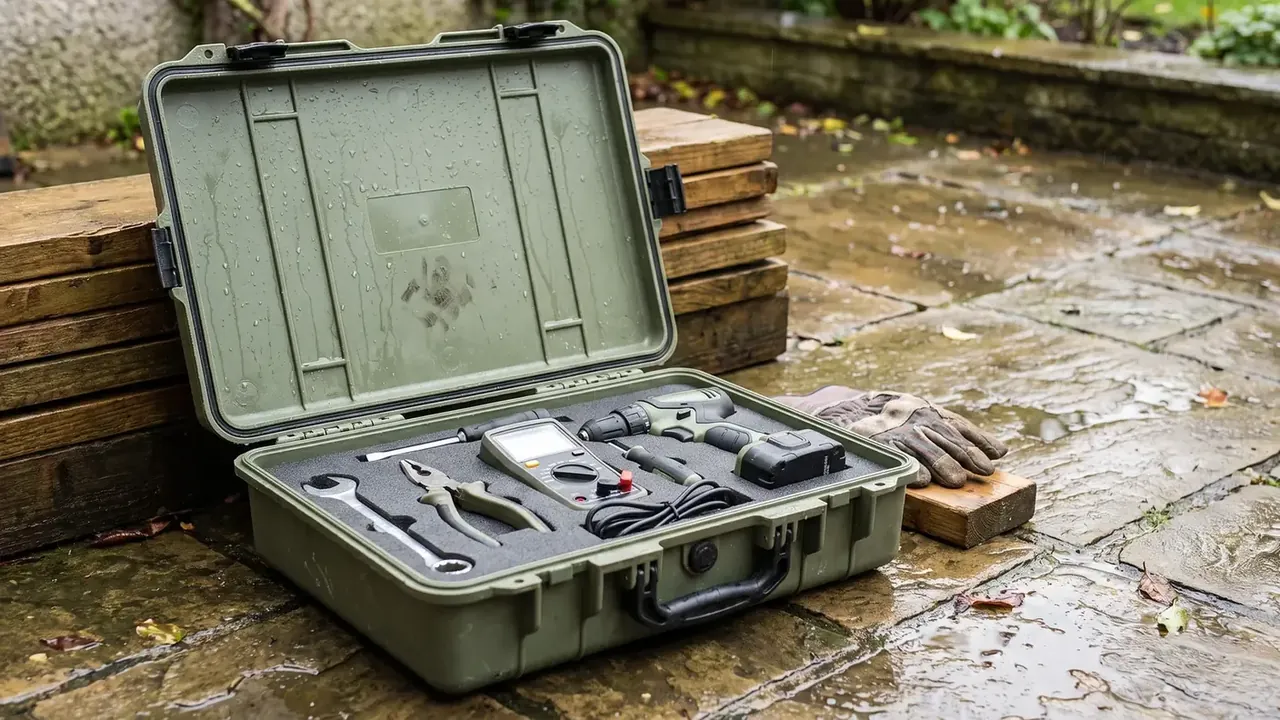 Waterproof box storage: an olive-green case open on wet paving, water beading inside the lid, foam holding wrench, pliers, meter and drill