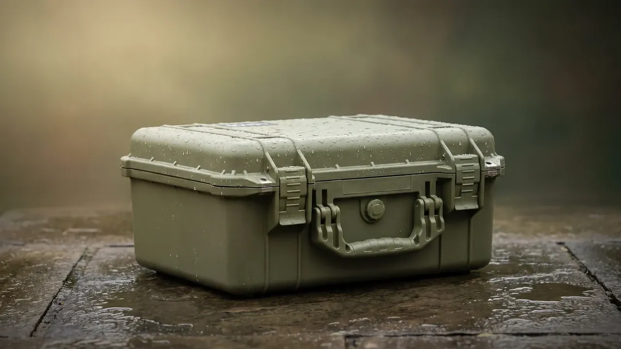 Waterproof box storage: a closed olive-green case on rain-soaked planks, droplets across the lid, two black latches and a folding handle, blurry trees behind
