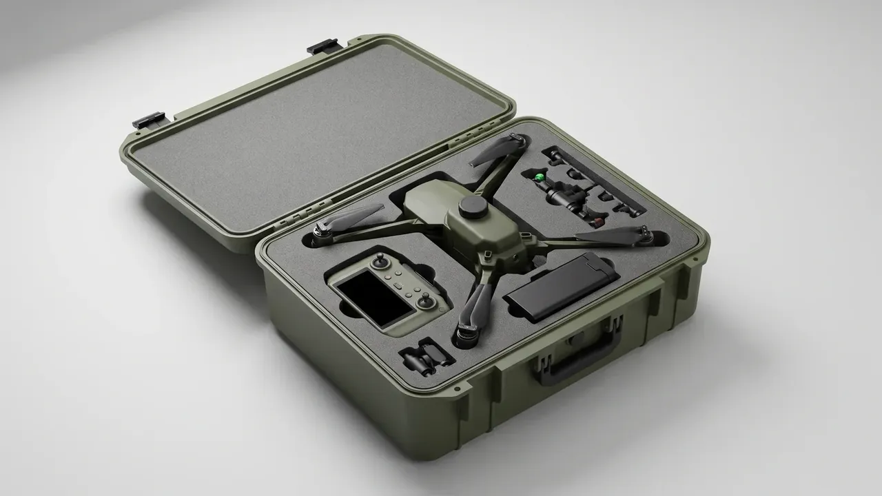 Waterproof drone carrying case: olive lid open, grey foam holding a folded-prop quadcopter, a screened controller, one black battery and small fittings