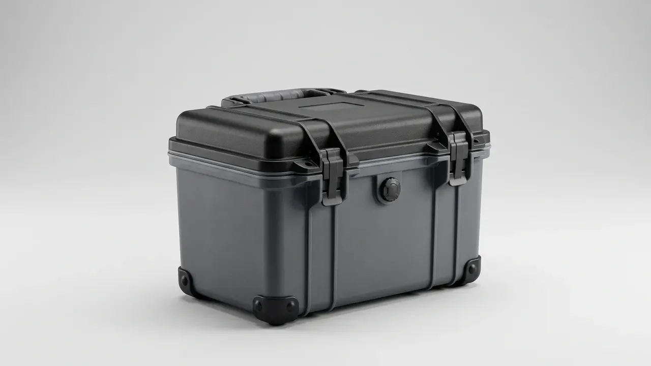 Waterproof hard case: black rubber bumpers on all four lower corners, a recessed rectangle pressed into the lid, a rotary valve on the centreline