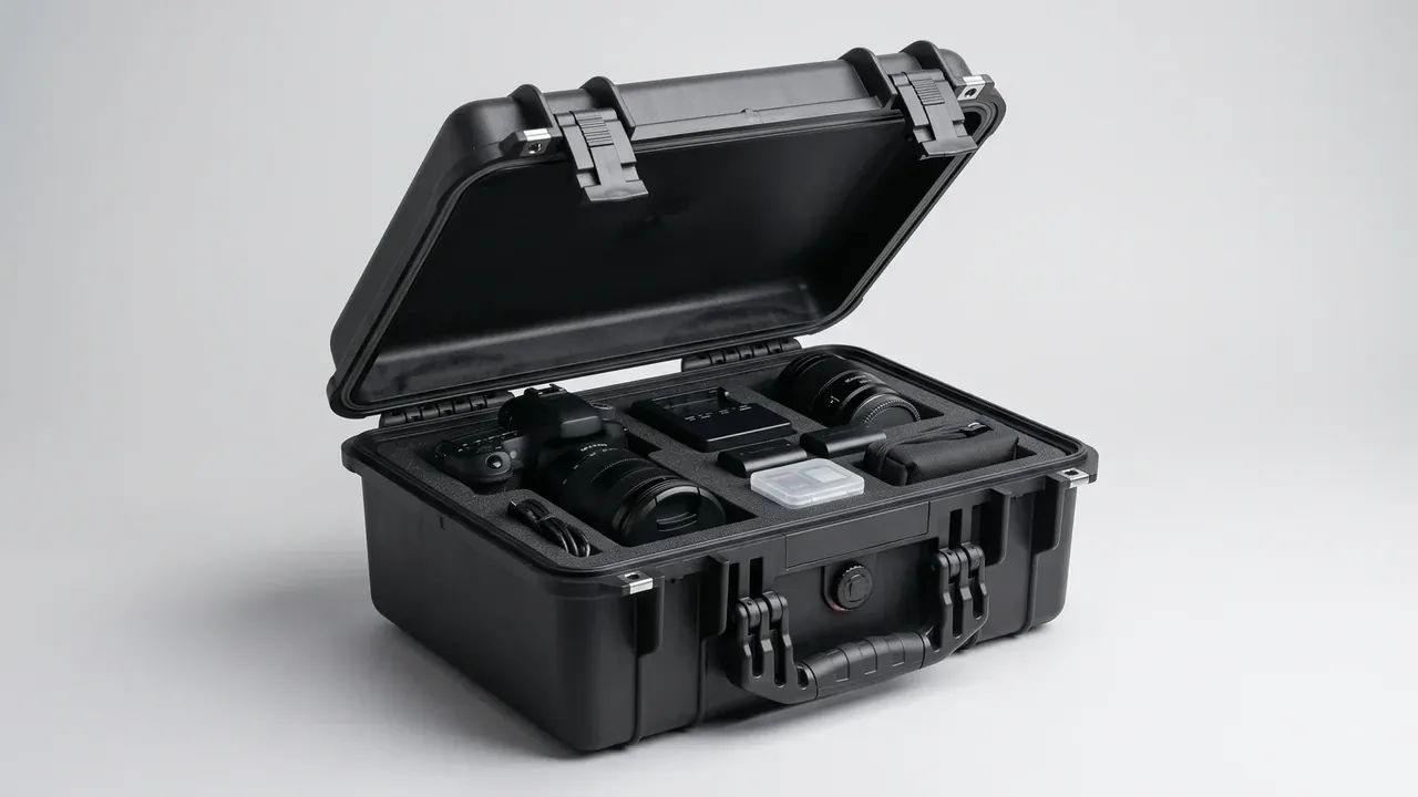 Waterproof hard case: open, black pick-and-pluck foam in bays holding a camera body, two lenses, two boxed accessories, plain foam in the lid