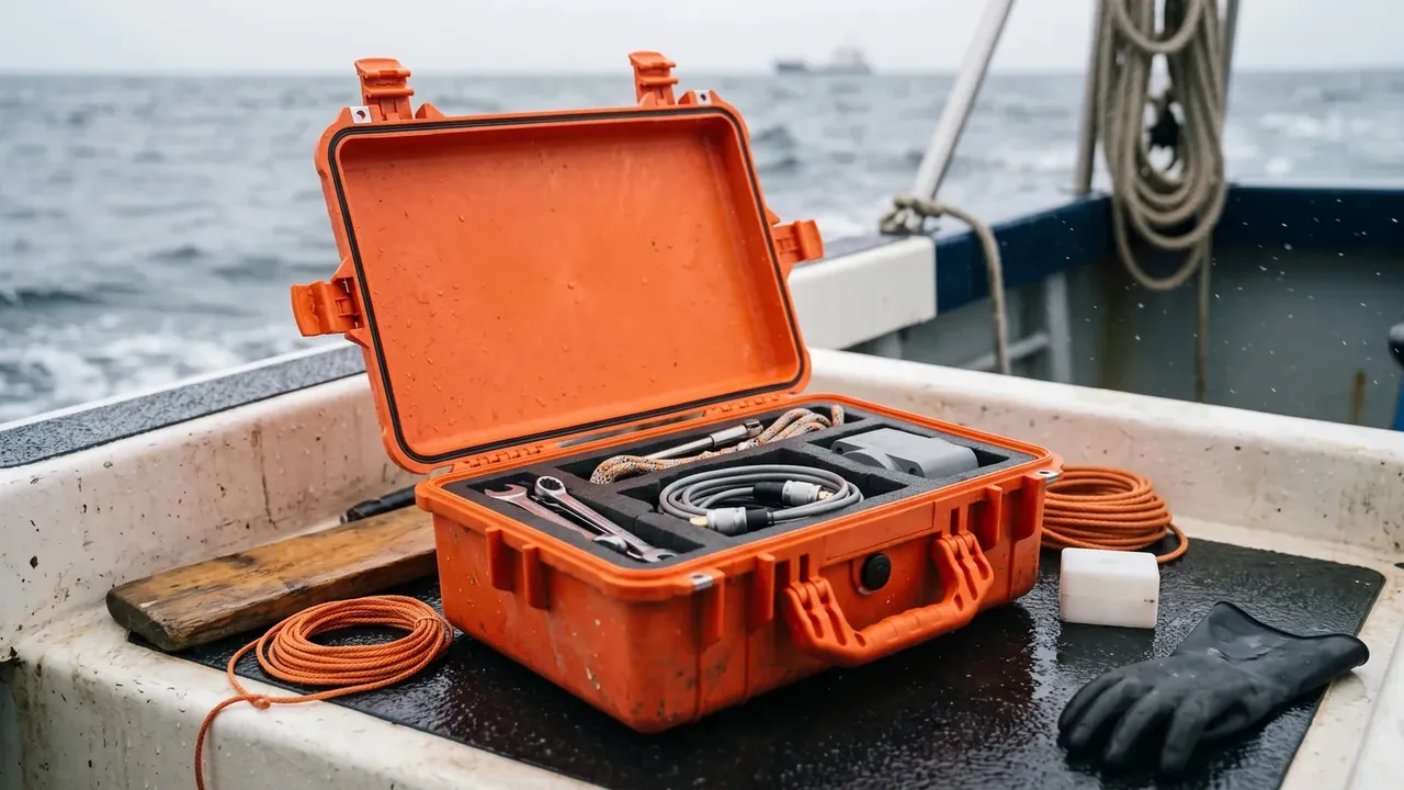 Waterproof hard case: open on a boat deck, black gasket round the lid rim, foam bays with a wrench, pliers, cable and a grey module