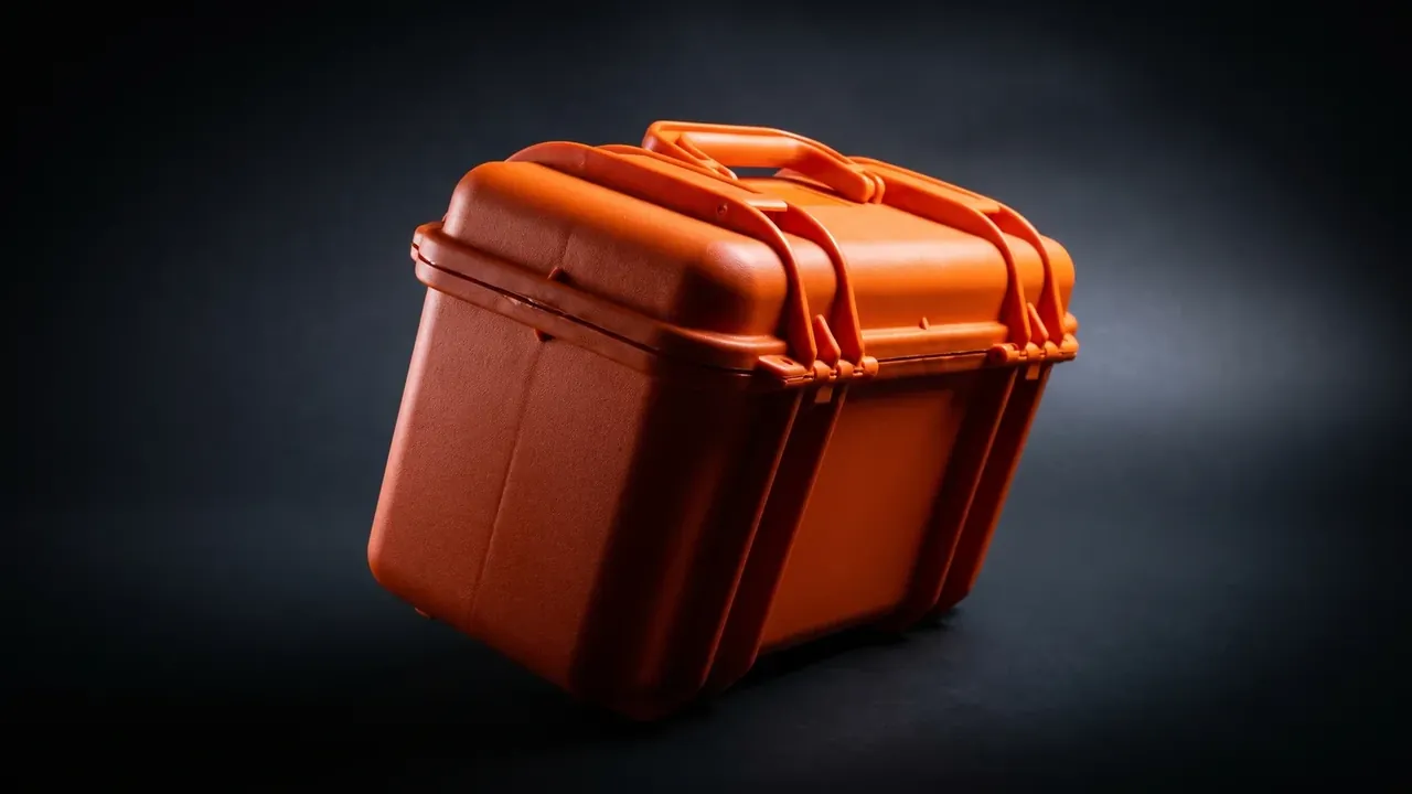 Waterproof hard case: tilted forty-five degrees under one light, handle and two latches on a diagonal, the parting line crossing the frame