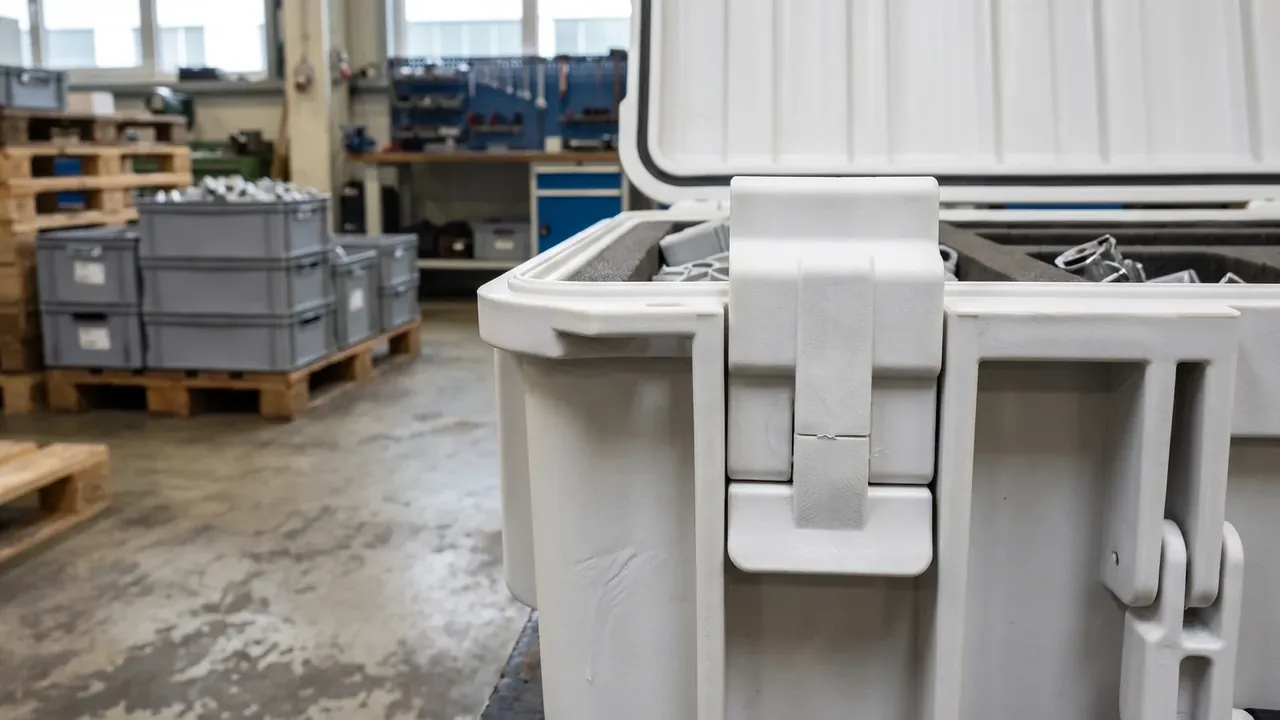 Waterproof plastic box electrical: pale grey case open on a workshop floor, black gasket on the lid rim, one large front latch, totes stacked behind