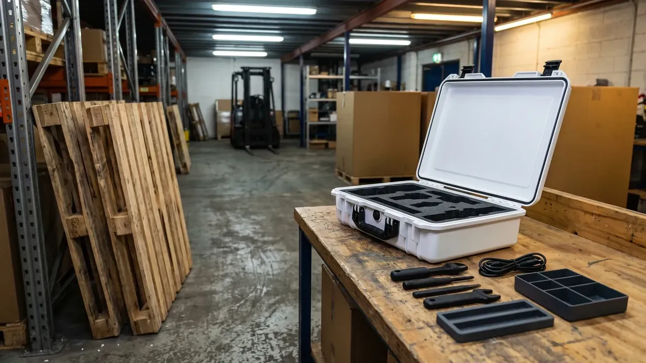 Waterproof plastic box electrical: white case open on a wooden bench, two black front latches, die-cut black foam inside, pallet racking and a forklift behind