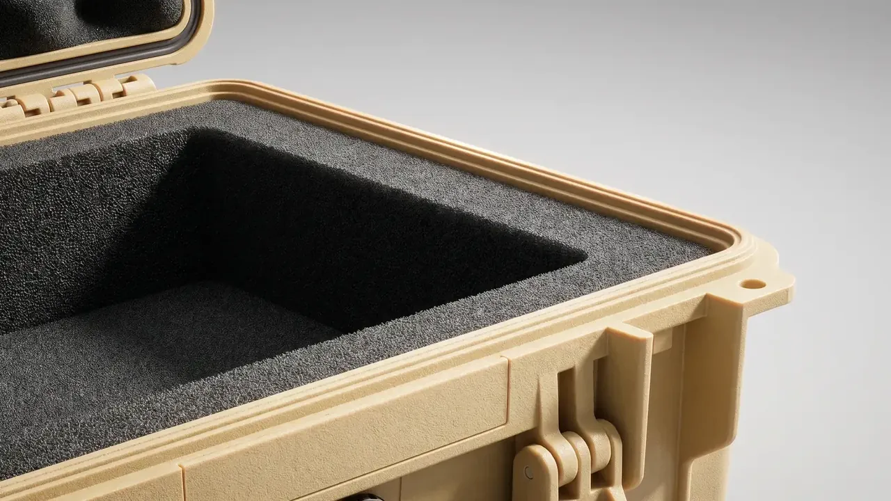 Waterproof plastic box for electronics: beige case open in close view, black foam cut with one square cavity, raised sealing rib, latch at right