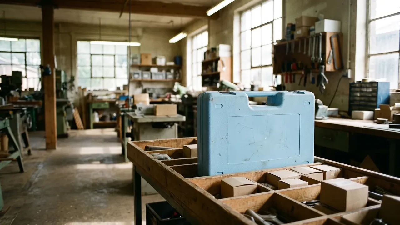 Waterproof plastic box with lid: blue closed case on a workshop bench, wooden sorting tray of blocks in front, windows and tool boards behind