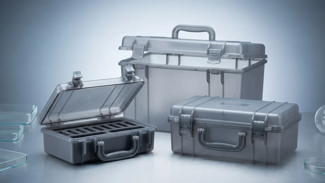 Waterproof plastic case supplier: three translucent grey hard cases on a pale table, one open with black egg-crate foam, one upright