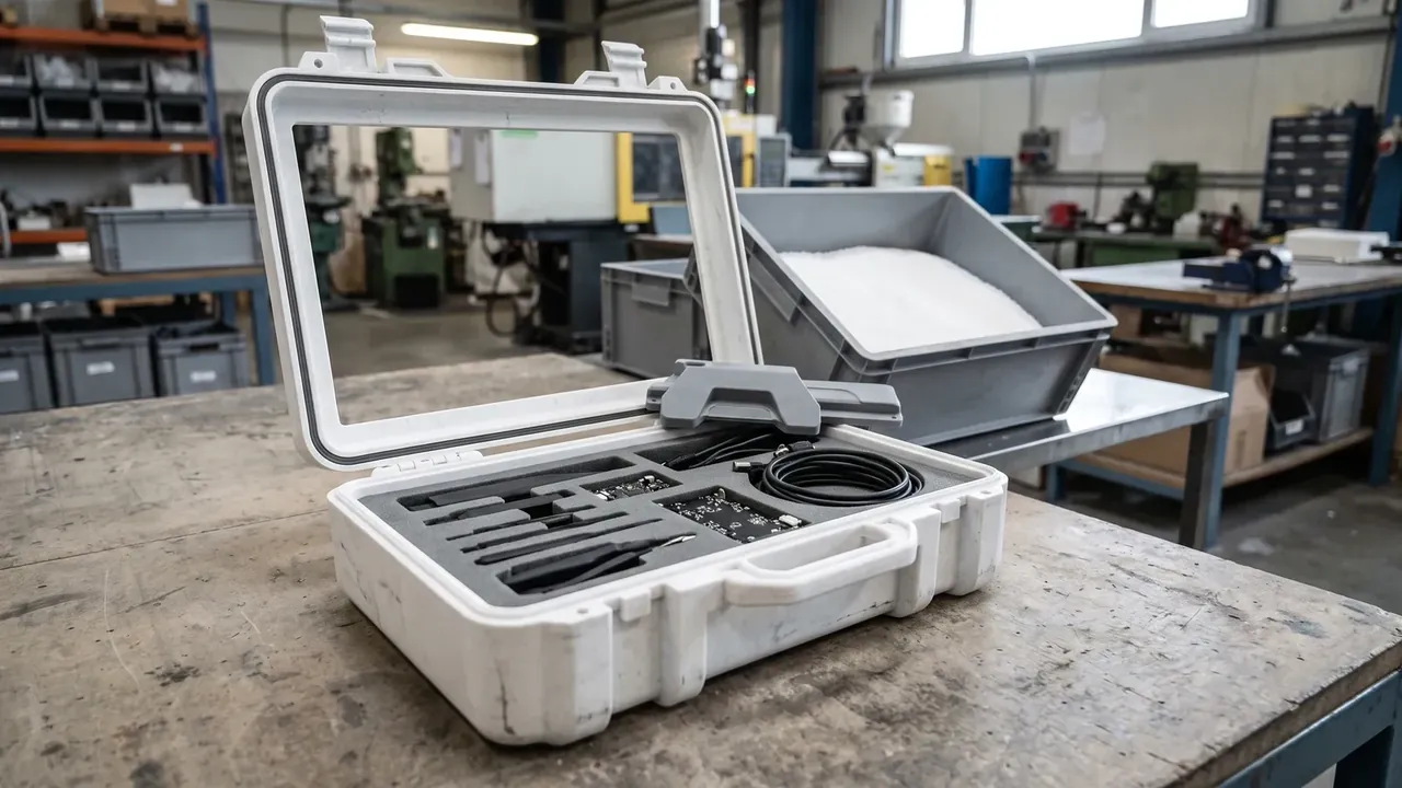 Waterproof plastic electrical boxes: a white case standing open on a bench, black gasket in the lid, grey foam trays holding tools, machines behind