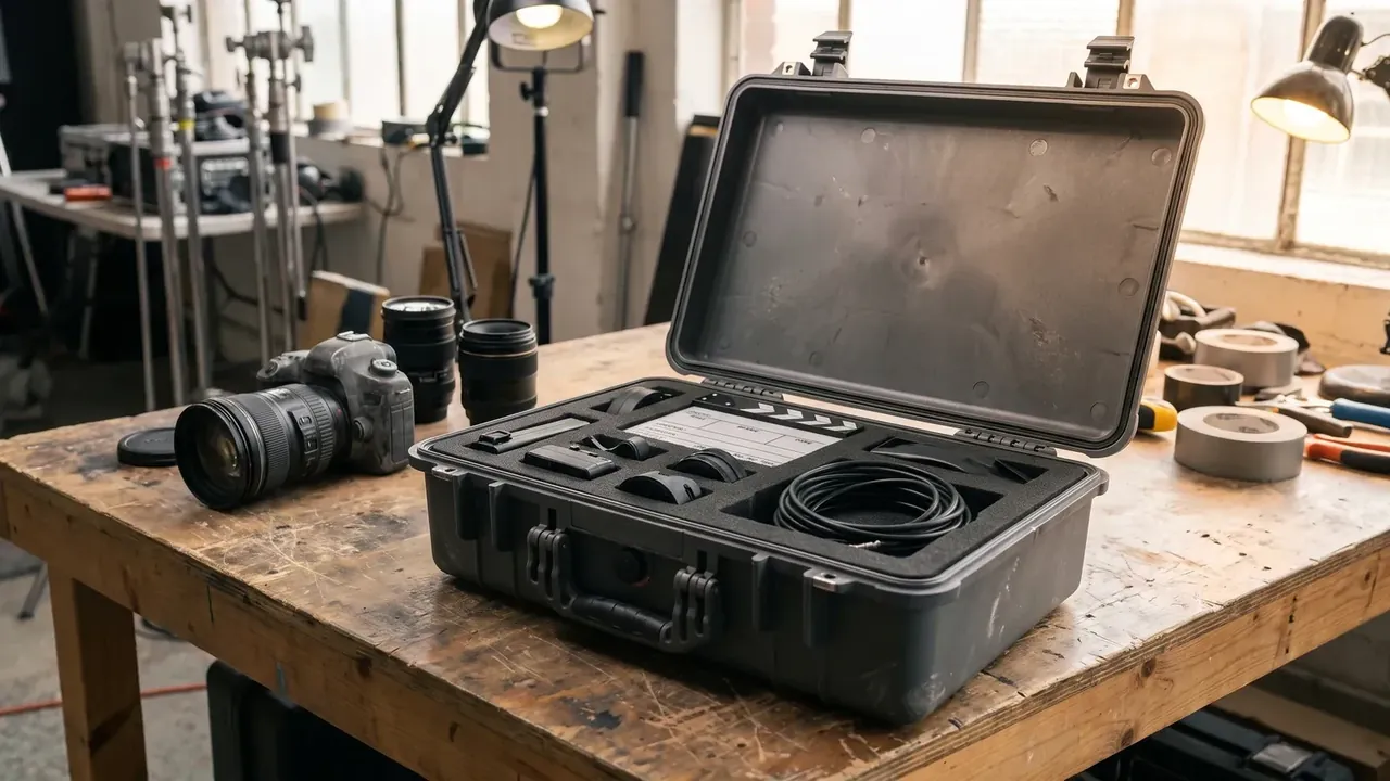 Waterproof plastic equipment case: dark grey case open on a scarred bench, bare ribbed lid, foam tray of batteries and cable, camera at left