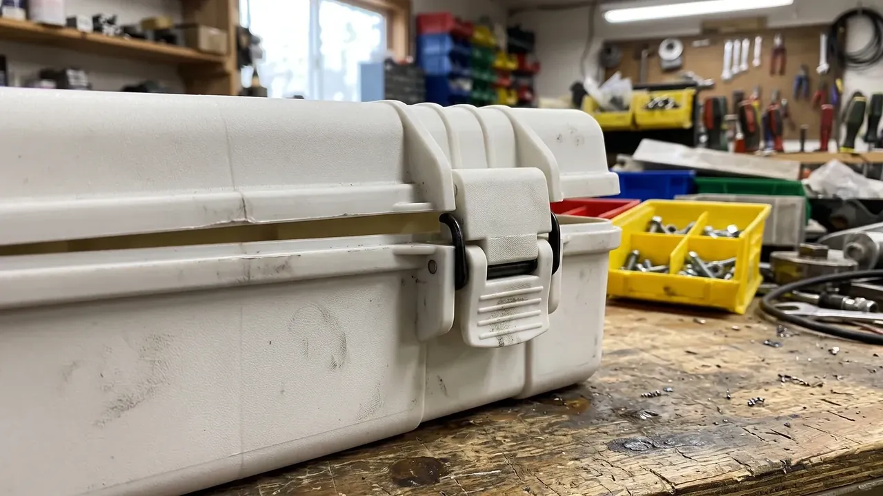 Waterproof plastic utility box: white body on a worn wooden bench, one plastic draw latch with a black rubber loop, scuffs on the side