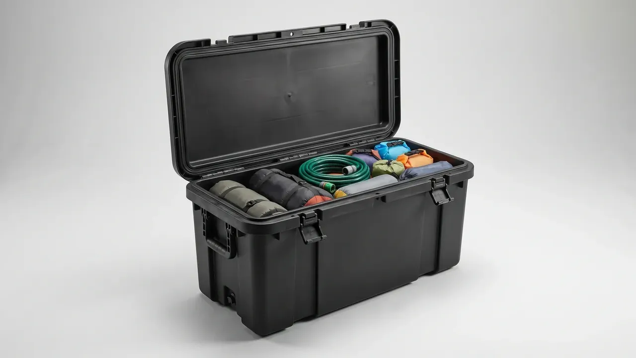 Waterproof protective case: a large black case open and flat on a grey background, packed with olive and orange pouches, a green coiled hose