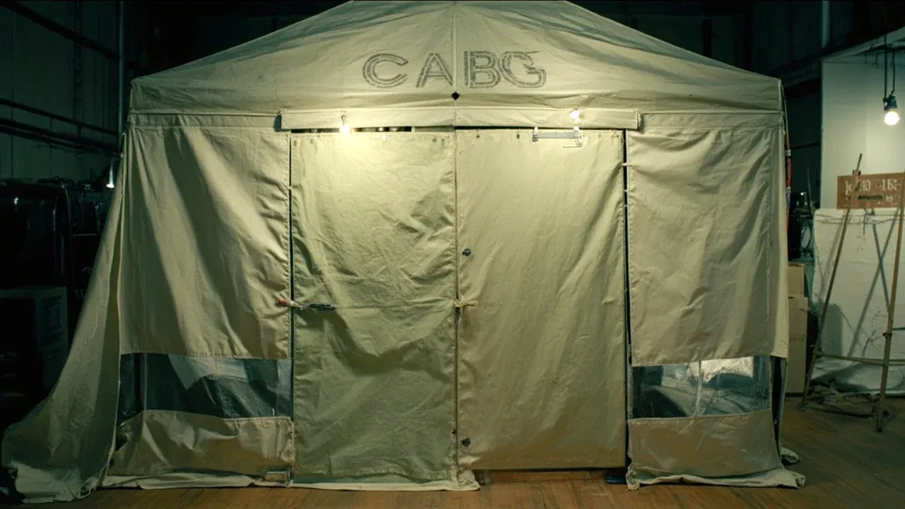 The cabinet in a temporary store on a timber floor, doors closed, no people
