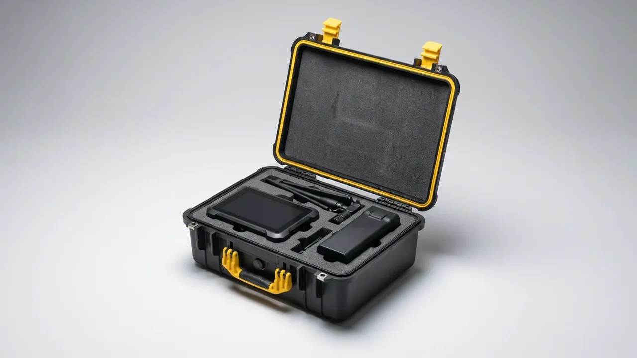 Weapon Storage Cabinet open in black and yellow, yellow gasket around the lid, grey foam cut-outs holding two modules