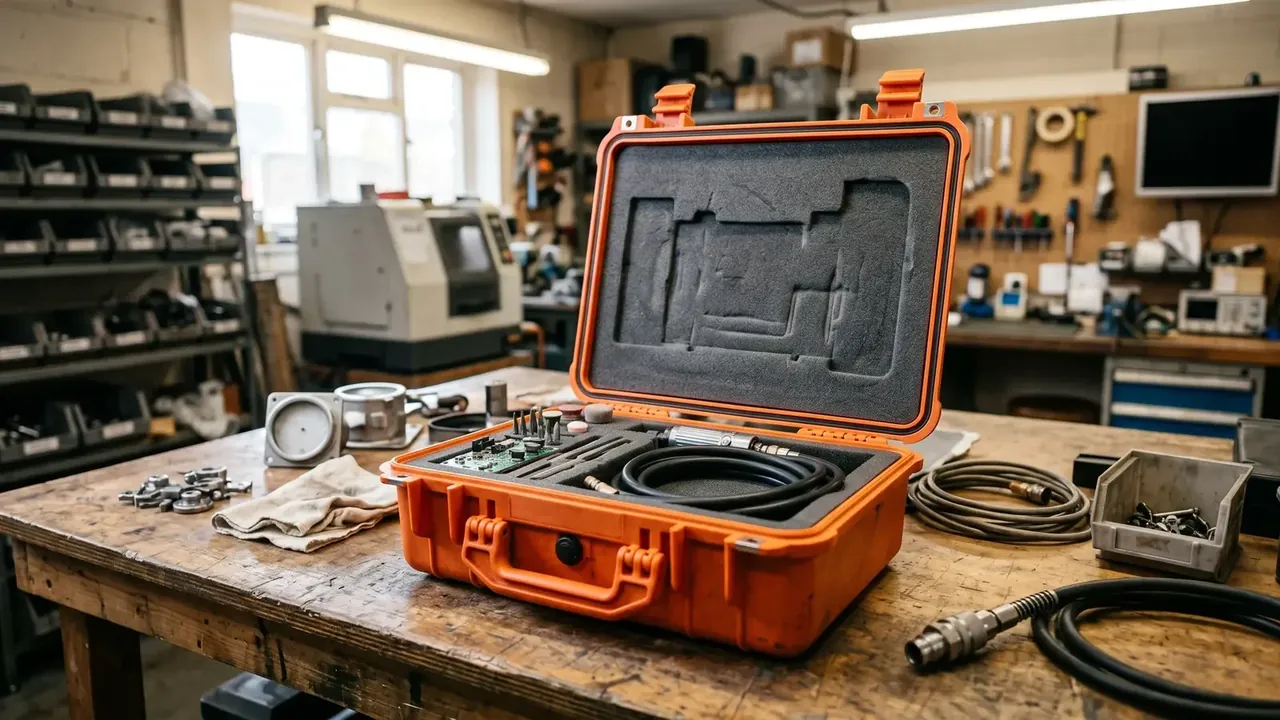 Weapons consolidated tool kit: open orange case, black foam moulded into the lid with square recesses, a coiled cable and circuit board in the base