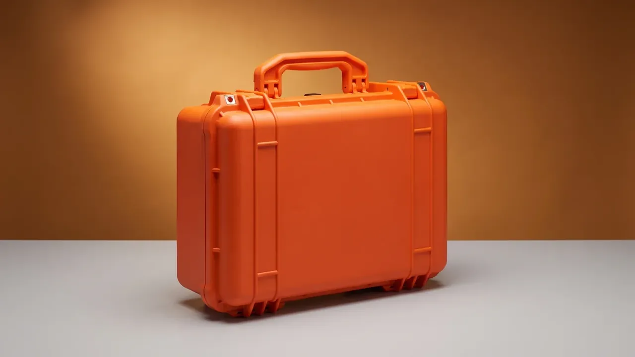 Weapons consolidated tool kit: one closed orange case on a pale grey floor, top handle raised, two front latches, vertical side ribs