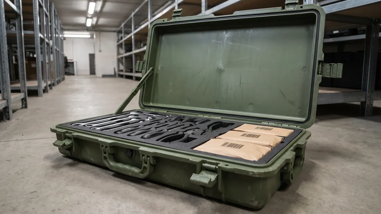 Custom military tool box used in the Restraint against Shifting under Vibration stage for weapons consolidated tool kit case