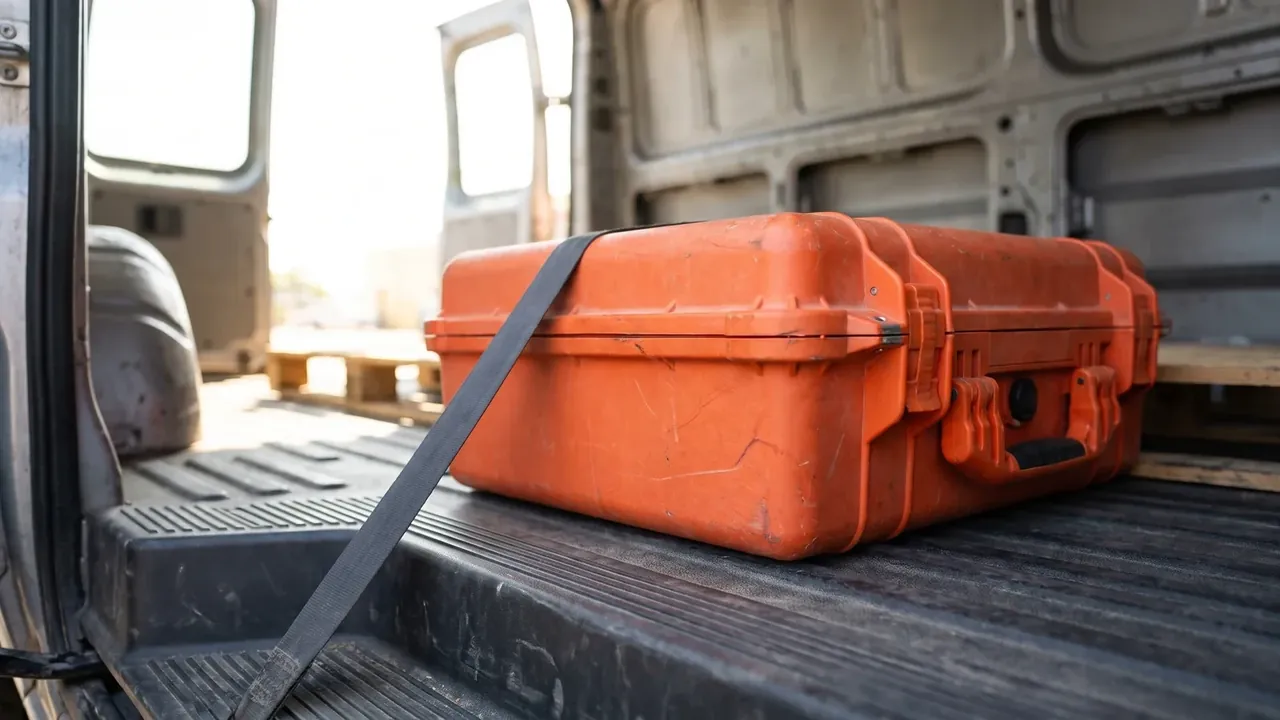 Weapons consolidated tool kit: an orange case on a van floor, a black strap across the lid, scuff marks on the shell, pallets outside