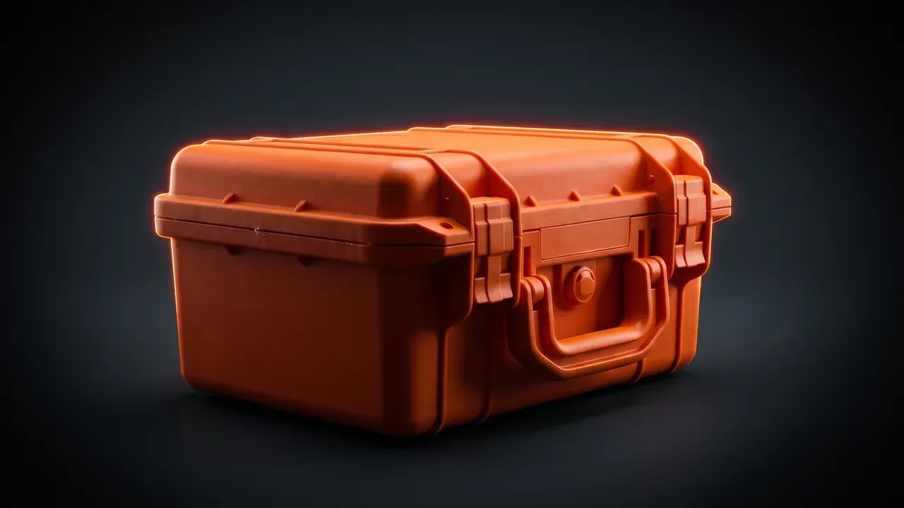 Weapons consolidated tool kit: an orange case angled on a dark grey background, two latches and a round pressure valve at the front