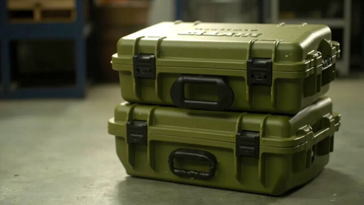 Two loaded cases stacked, handles facing out