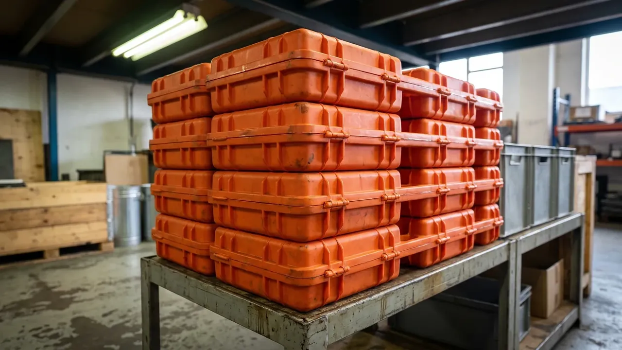 Weapons consolidated tool kit: rows of orange cases stacked four high on a steel frame in two columns, wooden crates and steel drums behind