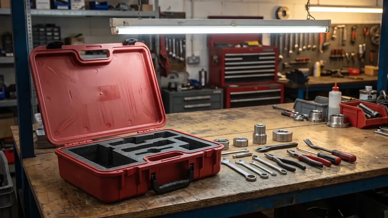 Weapons Consolidated Tool Kit: a red case open on a timber bench, black foam cut-outs empty inside, wrenches and sockets laid out to the right