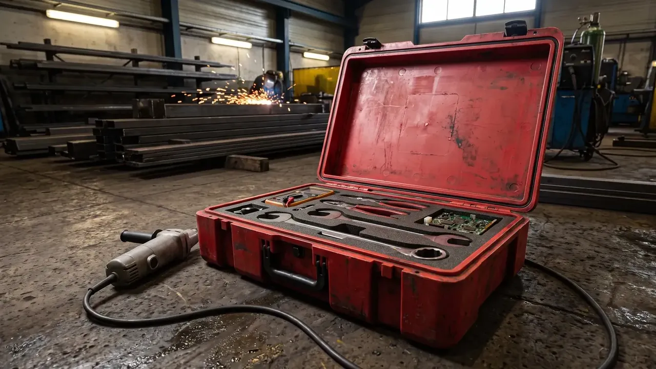 Weapons Consolidated Tool Kit: a red case open on a workshop floor, tools set in foam, an angle grinder cabled in front, welding sparks behind