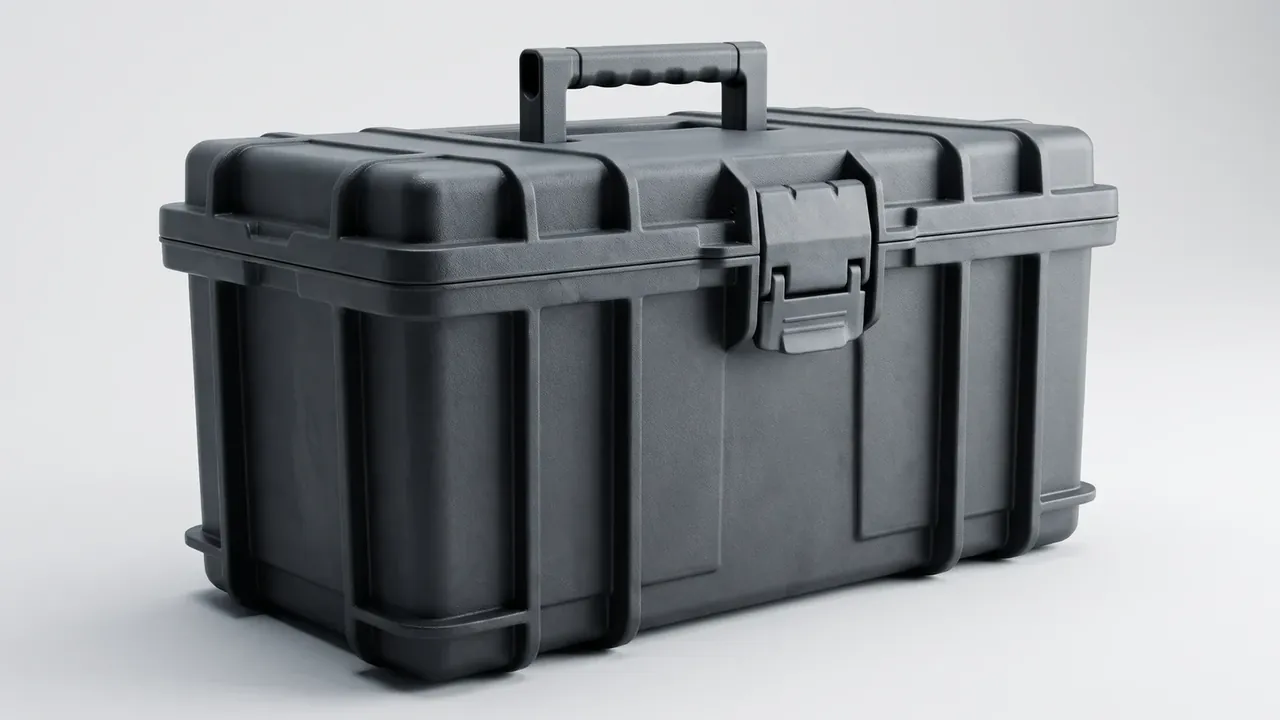 Weapons Consolidated Tool Kit: dark grey rotomolded case upright on pale grey, raised folding handle, four vertical side ribs, one front latch, parting line visible