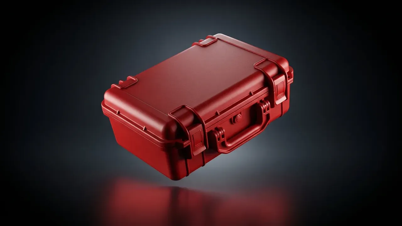 Weapons Consolidated Tool Kit: red rotomolded case tilted mid-air over a dark reflective floor, raised corner bumpers, two latches and a folding handle