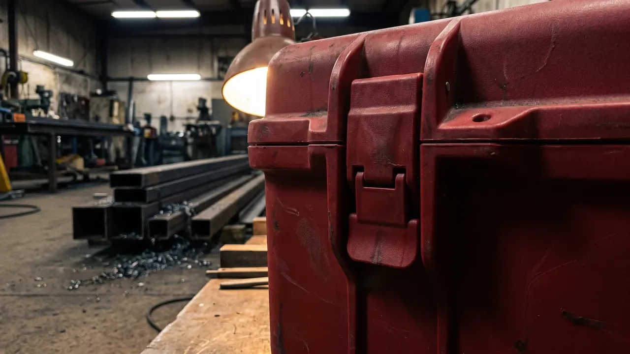 Weapons Consolidated Tool Kit: corner of a red case in a workshop, latch over the parting line, steel tubes stacked behind under red light