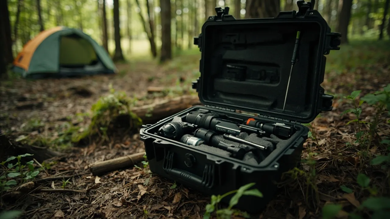 Outdoor protective case opened at a campsite